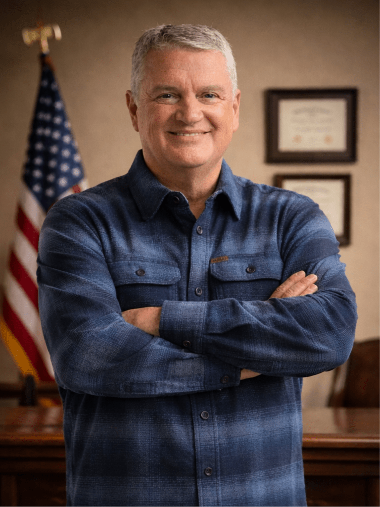 A smiling Scott Graham with short grey hair, wearing a blue plaid shirt, stands with his arms crossed. Behind him is an American flag and framed certificates.